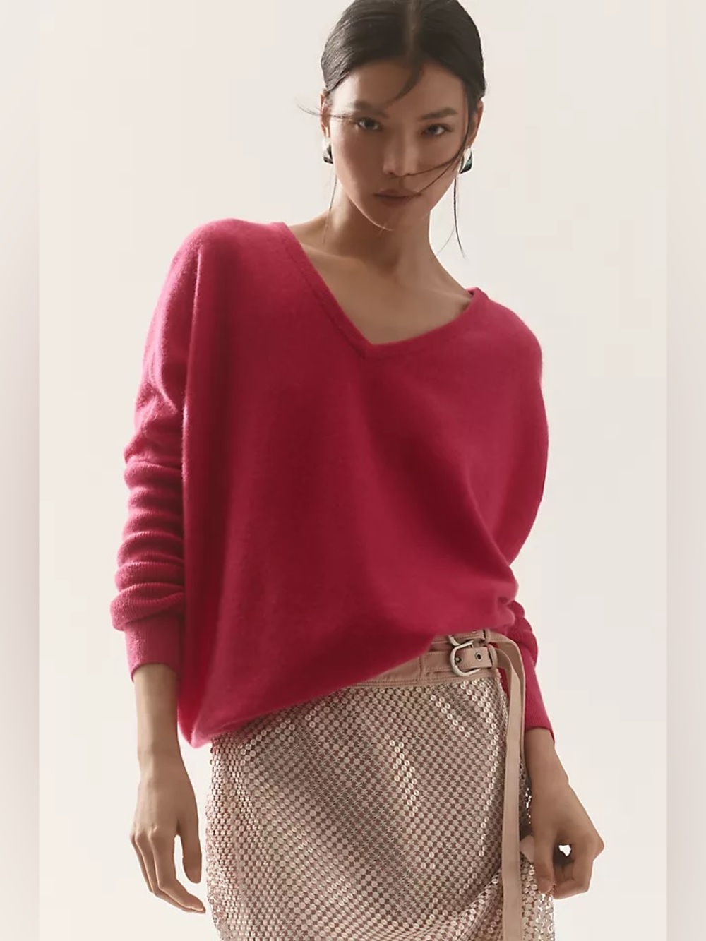 Anthropologie Maeve‎ The Charley Cashmere V-Neck Sweater Hot Pink Size XXS